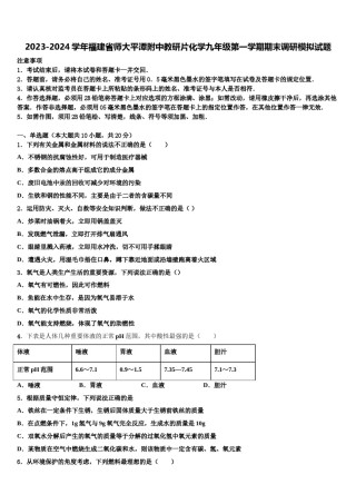 2023-2024学年福建省师大平潭附中教研片化学九年级第一学期期末调研模拟试题含解析.doc