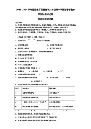 2023-2024学年福建省平和县化学九年级第一学期期中学业水平测试模拟试题含解析.doc