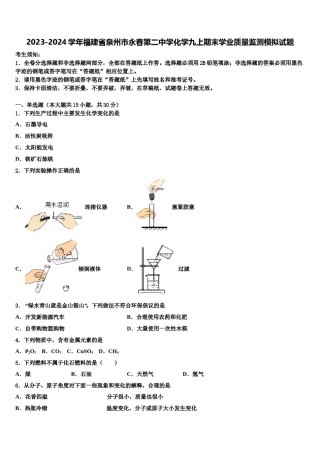 2023-2024学年福建省泉州市永春第二中学化学九上期末学业质量监测模拟试题含解析.doc