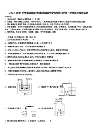 2023-2024学年福建省泉州市泉州培元中学九年级化学第一学期期末预测试题含解析.doc