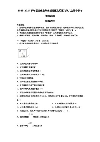 2023-2024学年福建省泉州市鲤城区北片区化学九上期中联考模拟试题含解析.doc