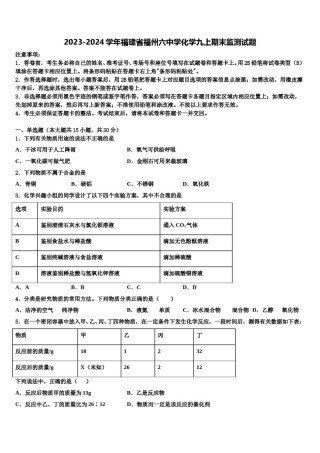 2023-2024学年福建省福州六中学化学九上期末监测试题含解析.doc