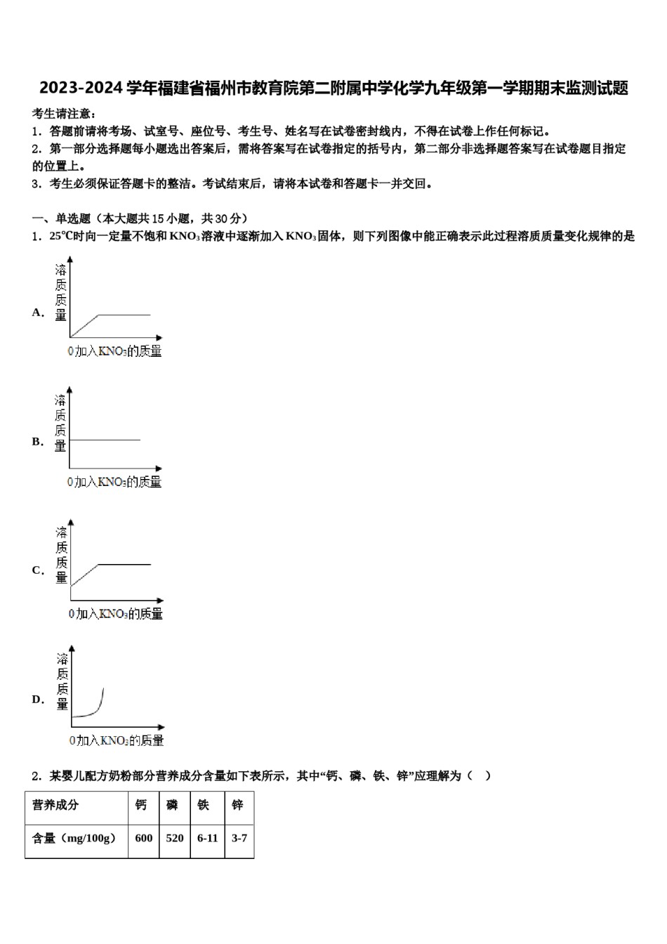 2023-2024学年福建省福州市教育院第二附属中学化学九年级第一学期期末监测试题含解析.doc_第1页