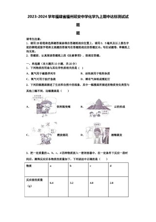 2023-2024学年福建省福州延安中学化学九上期中达标测试试题含解析.doc