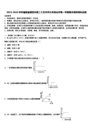 2023-2024学年福建省莆田市第二十五中学九年级化学第一学期期末调研模拟试题含解析.doc