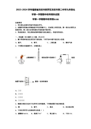 2023-2024学年福建省龙岩市新罗区龙岩市第二中学九年级化学第一学期期中统考模拟试题含解析.doc