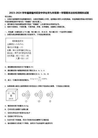 2023-2024学年福建福州延安中学化学九年级第一学期期末达标检测模拟试题含解析.doc