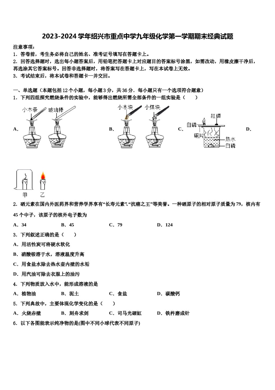 2023-2024学年绍兴市重点中学九年级化学第一学期期末经典试题含解析.doc_第1页