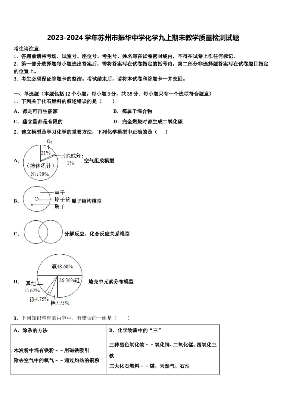 2023-2024学年苏州市振华中学化学九上期末教学质量检测试题含解析.doc_第1页