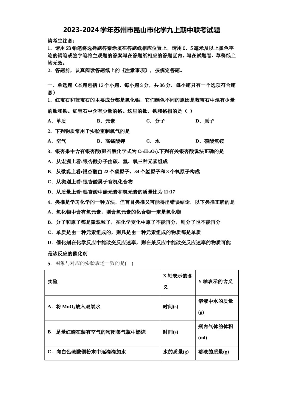 2023-2024学年苏州市昆山市化学九上期中联考试题含解析.doc_第1页