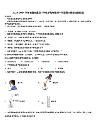 2023-2024学年莆田市重点中学化学九年级第一学期期末达标检测试题含解析.doc