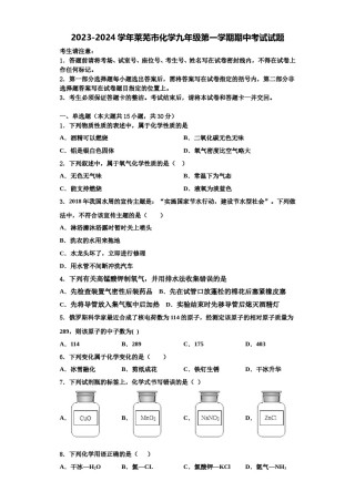 2023-2024学年莱芜市化学九年级第一学期期中考试试题含解析.doc