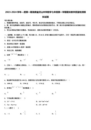 2023-2024学年—度第一期海南省灵山中学数学七年级第一学期期末教学质量检测模拟试题含解析.doc