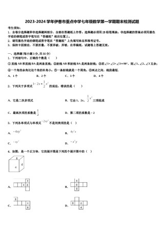 2023-2024学年伊春市重点中学七年级数学第一学期期末检测试题含解析.doc
