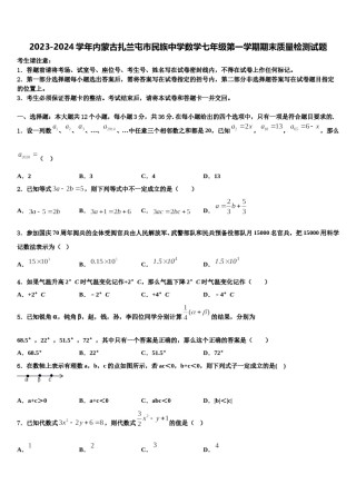 2023-2024学年内蒙古扎兰屯市民族中学数学七年级第一学期期末质量检测试题含解析.doc
