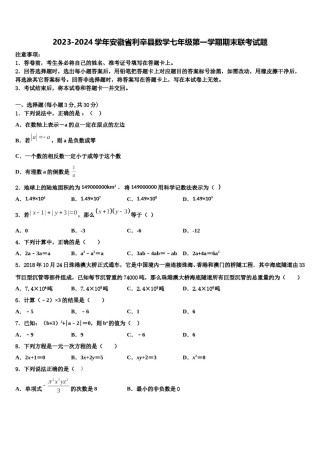 2023-2024学年安徽省利辛县数学七年级第一学期期末联考试题含解析.doc