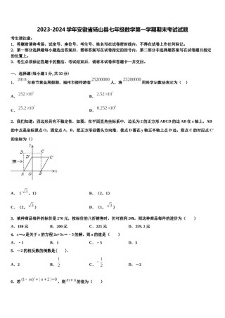 2023-2024学年安徽省砀山县七年级数学第一学期期末考试试题含解析.doc