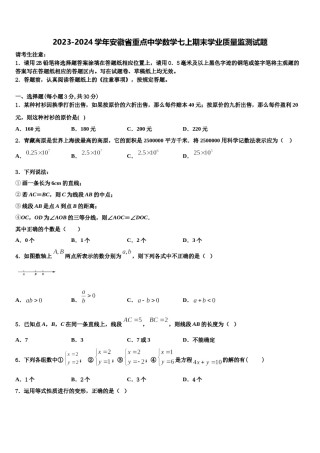 2023-2024学年安徽省重点中学数学七上期末学业质量监测试题含解析.doc