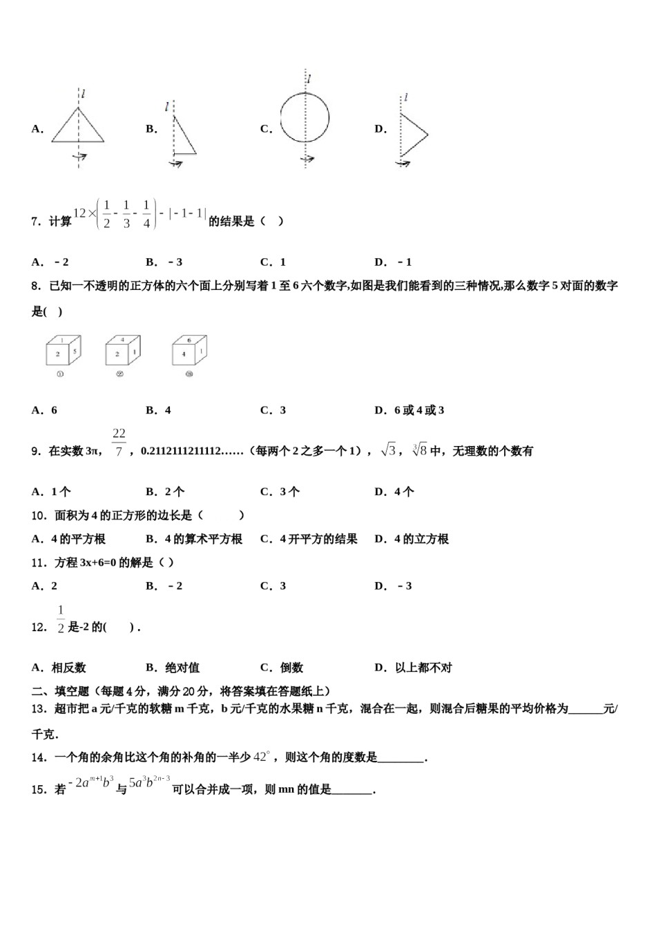 2023-2024学年安阳市第九中学数学七上期末联考模拟试题含解析.doc_第2页