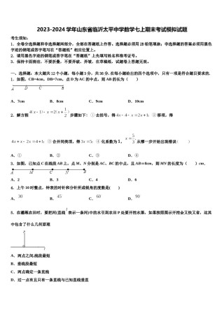 2023-2024学年山东省临沂太平中学数学七上期末考试模拟试题含解析.doc