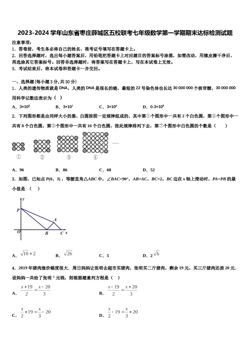 2023-2024学年山东省枣庄薛城区五校联考七年级数学第一学期期末达标检测试题含解析.doc_第1页