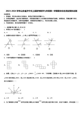 2023-2024学年山东省济宁汶上县联考数学七年级第一学期期末综合测试模拟试题含解析.doc