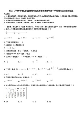 2023-2024学年山东省潍坊市昌邑市七年级数学第一学期期末达标检测试题含解析.doc