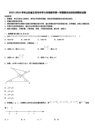 2023-2024学年山东省王浩屯中学七年级数学第一学期期末达标检测模拟试题含解析.doc