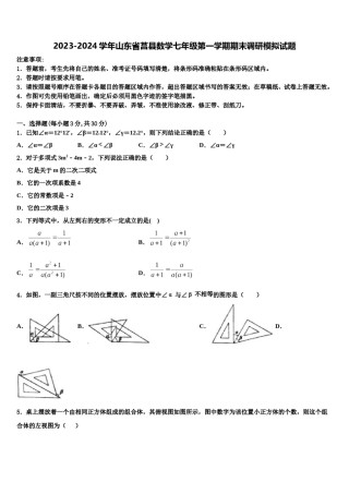2023-2024学年山东省莒县数学七年级第一学期期末调研模拟试题含解析.doc
