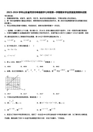 2023-2024学年山东省菏泽市单县数学七年级第一学期期末学业质量监测模拟试题含解析.doc