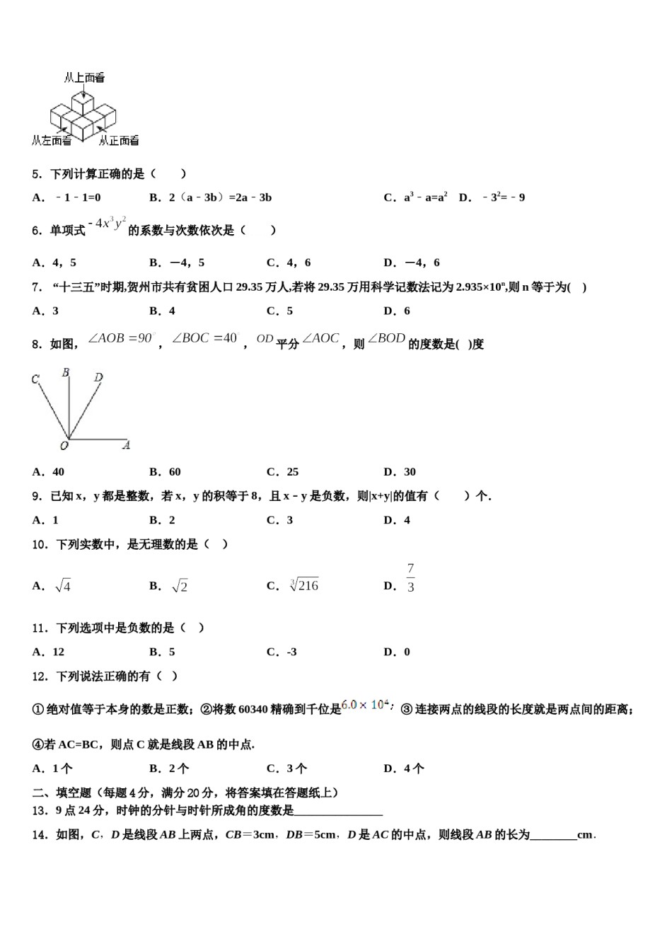 2023-2024学年广东省惠州九中学数学七年级第一学期期末考试试题含解析.doc_第2页