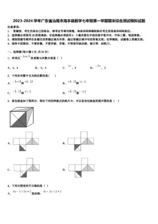 2023-2024学年广东省汕尾市海丰县数学七年级第一学期期末综合测试模拟试题含解析.doc