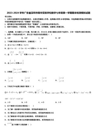 2023-2024学年广东省深圳市锦华实验学校数学七年级第一学期期末检测模拟试题含解析.doc