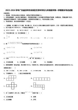 2023-2024学年广东省深圳市龙岗区石芽岭学校七年级数学第一学期期末考试试题含解析.doc