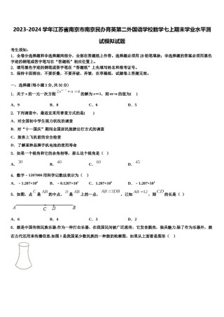 2023-2024学年江苏省南京市南京民办育英第二外国语学校数学七上期末学业水平测试模拟试题含解析.doc