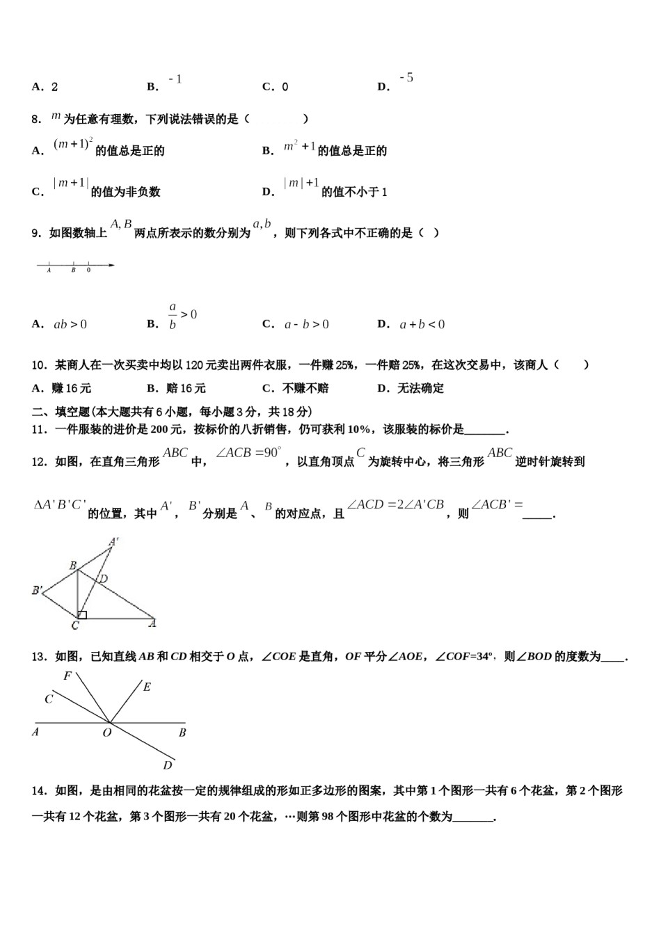 2023-2024学年江苏省南通田家炳中学七年级数学第一学期期末联考试题含解析.doc_第2页