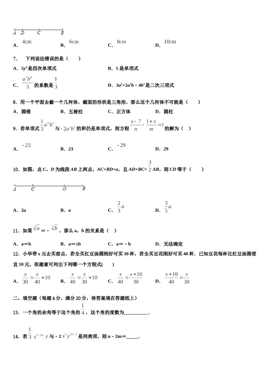 2023-2024学年江苏省宿迁市名校数学七上期末复习检测试题含解析.doc_第2页