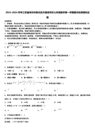 2023-2024学年江苏省常州市新北区外国语学校七年级数学第一学期期末检测模拟试题含解析.doc