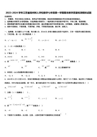 2023-2024学年江苏省扬州树人学校数学七年级第一学期期末教学质量检测模拟试题含解析.doc