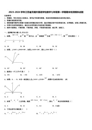 2023-2024学年江苏省无锡外国语学校数学七年级第一学期期末检测模拟试题含解析.doc