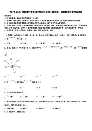 2023-2024学年江苏省无锡市惠山区数学七年级第一学期期末联考模拟试题含解析.doc