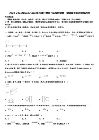 2023-2024学年江苏省无锡市辅仁中学七年级数学第一学期期末监测模拟试题含解析.doc