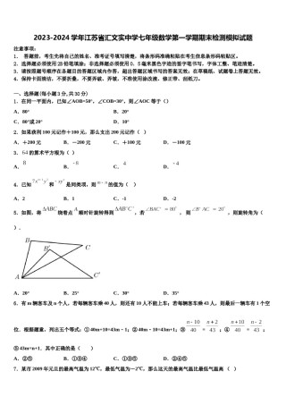 2023-2024学年江苏省汇文实中学七年级数学第一学期期末检测模拟试题含解析.doc