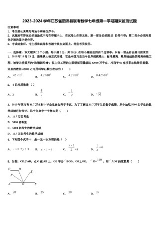 2023-2024学年江苏省泗洪县联考数学七年级第一学期期末监测试题含解析.doc