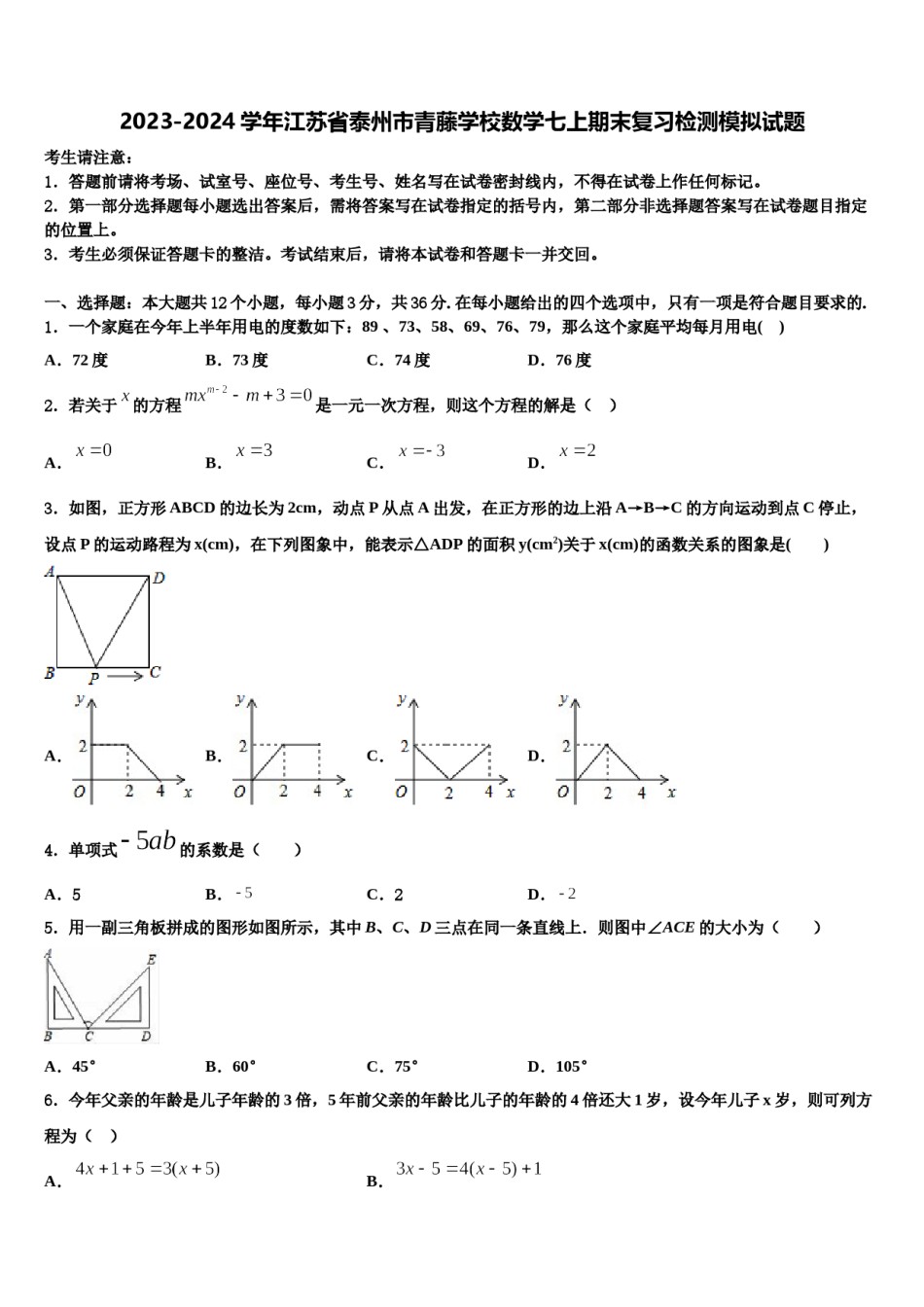 2023-2024学年江苏省泰州市青藤学校数学七上期末复习检测模拟试题含解析.doc_第1页