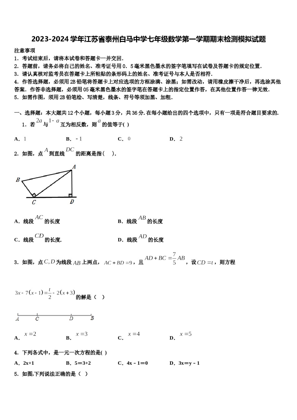 2023-2024学年江苏省泰州白马中学七年级数学第一学期期末检测模拟试题含解析.doc_第1页