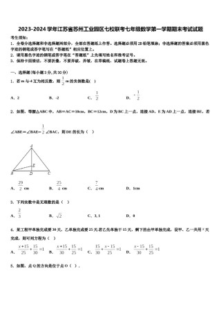 2023-2024学年江苏省苏州工业园区七校联考七年级数学第一学期期末考试试题含解析.doc