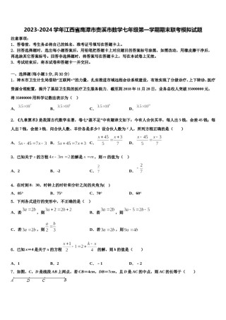 2023-2024学年江西省鹰潭市贵溪市数学七年级第一学期期末联考模拟试题含解析.doc