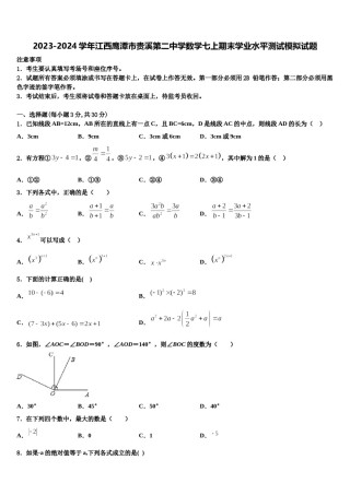 2023-2024学年江西鹰潭市贵溪第二中学数学七上期末学业水平测试模拟试题含解析.doc