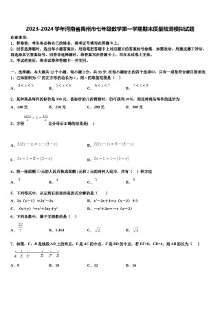 2023-2024学年河南省禹州市七年级数学第一学期期末质量检测模拟试题含解析.doc